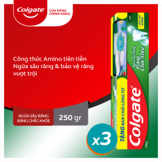 Bộ 3 kem đánh răng Colgate ngừa sâu răng răng chắc khỏe 250g/ tuýp tặng bàn chải lông tơ cao cấp Thái Lan