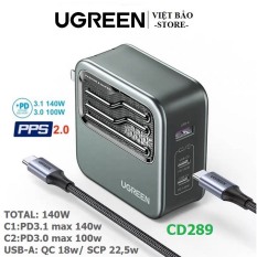 Củ sạc nhanh Ugreen 140W Nexode GaN Fast Charge 2C1A Mã CD289 3 cổng, sạc nhanh máy tính/ điện thoại, Macbook hỗ trợ PD3.1/PPS2.0/QC3.0/FCP/SCP