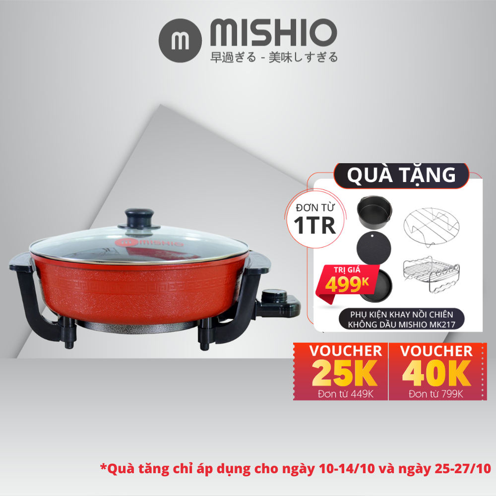 Nồi lẩu điện 2 ngăn Mishio MK112 5L – màu đỏ tùy chỉnh 5 mức nhiệt, chất liệu thép phủ chống dính, quai cầm chống nóng