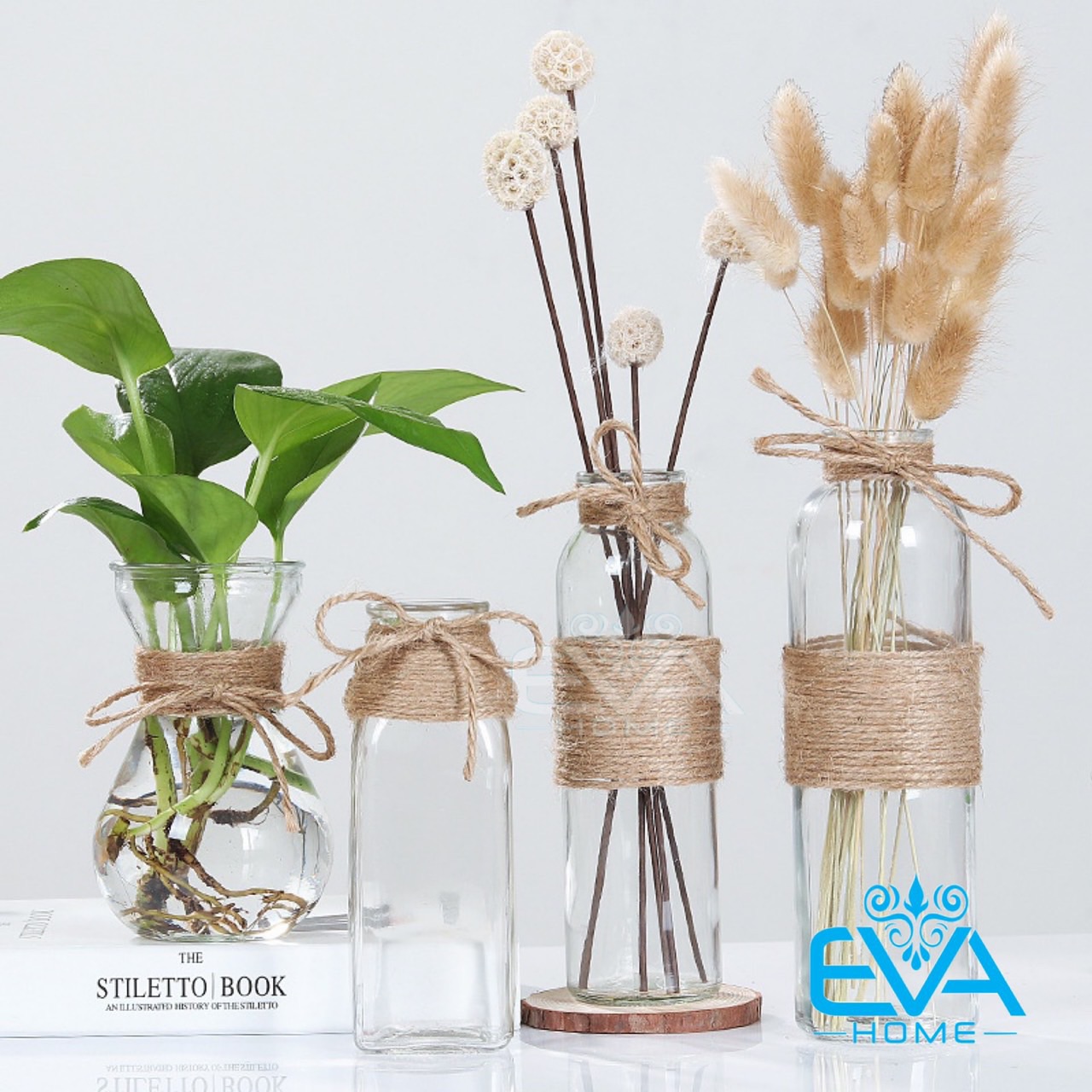 Combo 4 Bình Bông Lọ Hoa Thủy Tinh Loe Vuông Tròn Lục Giác Tặng Kèm Dây Bố Trang Trí