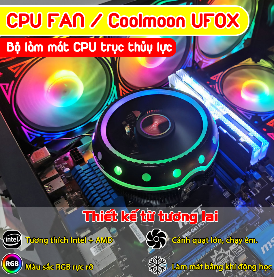 Quạt cpu fan Coolmoon UFOX phiên bản RGB, bộ làm mát CPU máy tính nhiều màu cánh quạt lớn, trục...