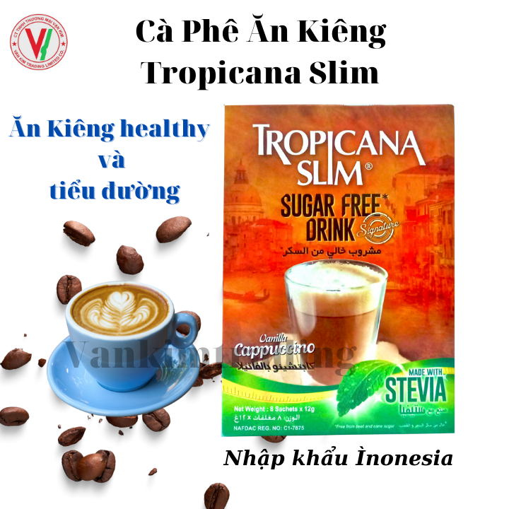 [HCM]Cà phê ăn kiêng không đường chiết xuất từ lá cỏ ngọt Tropicana Slim Capuccino 96g (8 x 12g) – Thích hợp cho người ĂN KIÊNG người bệnh TIỂU ĐƯỜNG người BÉO PHÌ người muốn KIỂM SOÁT CÂN NẶNG
