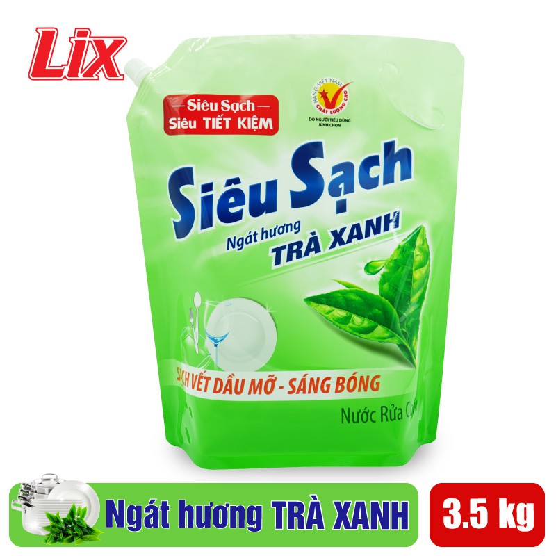 Nước rửa chén LIX 3.5KG siêu sạch hương trà xanh loại túi N8101 làm sạch vết bẩn dầu mỡ không...