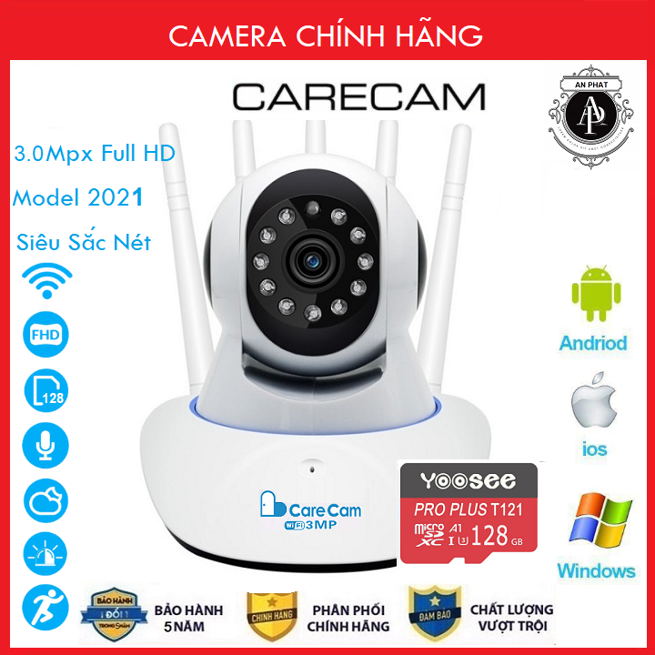 ( Tùy Chọn thẻ nhớ 128GB ) Camera wifi Camera IP Carecam 5 Râu 3.0Mpx Full HD , Siêu sắc nét , đàm thoại ghi âm , báo động, bền bỉ góc rộng hơn yoosee