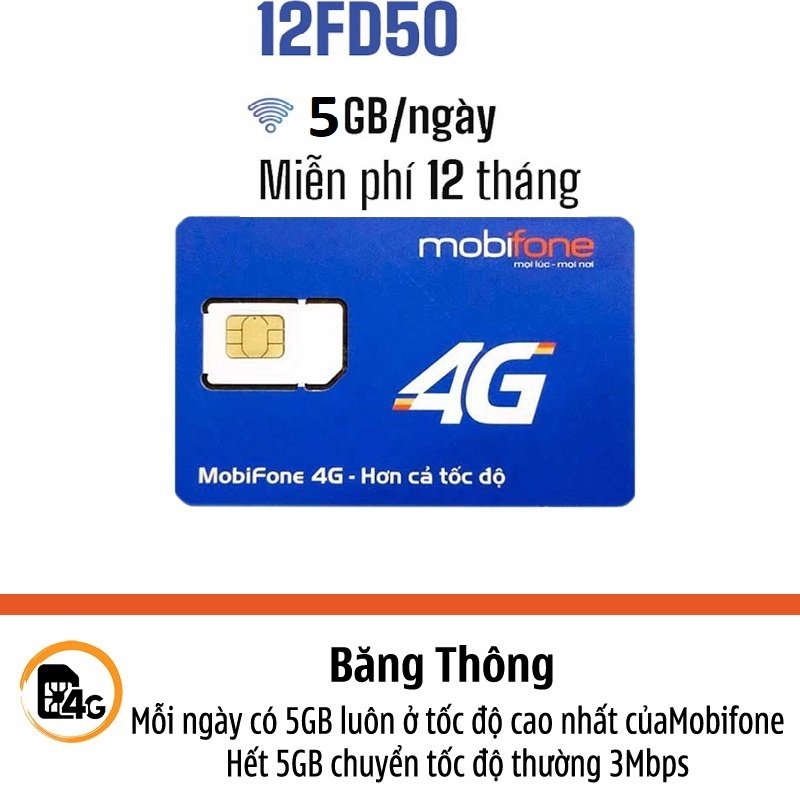SIM 4G 12FD50 Mobifone Tặng 5GB / NGÀY MIỄN PHÍ 1 Năm Không Cần Nạp Tiền - BẢO HÀNH 12...