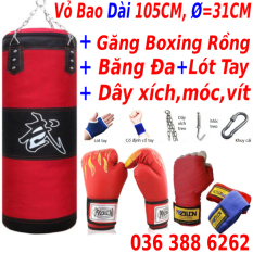 Vỏ bao cát treo đấm bốc boxing dài 105cm, đường kính bao 31cm + Găng đấm boxing rồng + Băng đa boxing – tặng kèm lót tay chân + dây xích + khuy cài + vít nở sắt