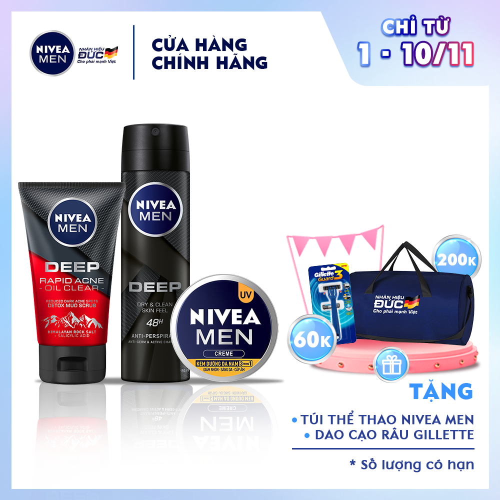 Bộ sản phẩm dưỡng da 3 trong 1 dành cho nam làm sạch sâu Nivea