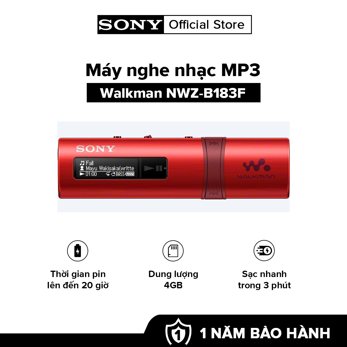[HÀNG CHÍNH HÃNG] MÁY NGHE NHAC MP3 Walkman tích hợp USB NWZ-B183F Dung lượng 4GB cho khoảng 900 bài hát Thời gian sử dụng pin lên đến 20 giờ Sạc nhanh trong 3 phút