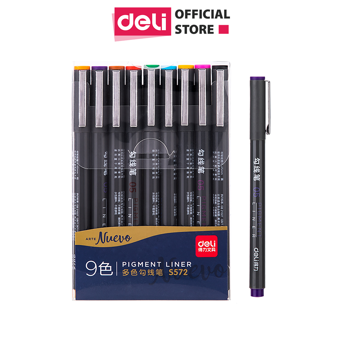 Bút line đi nét 9 màu kháng nước vẽ kỹ thuật Deli – ngòi 0.5mm – bút viết thư pháp, bút viết calligraphy – 1 Hộp – S572