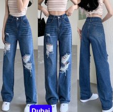 Quần jean ống suông rộng màu xanh đen rách cơ bản cạp lưng cao nâng mông phong cách sành điệu – Dubai Fashion