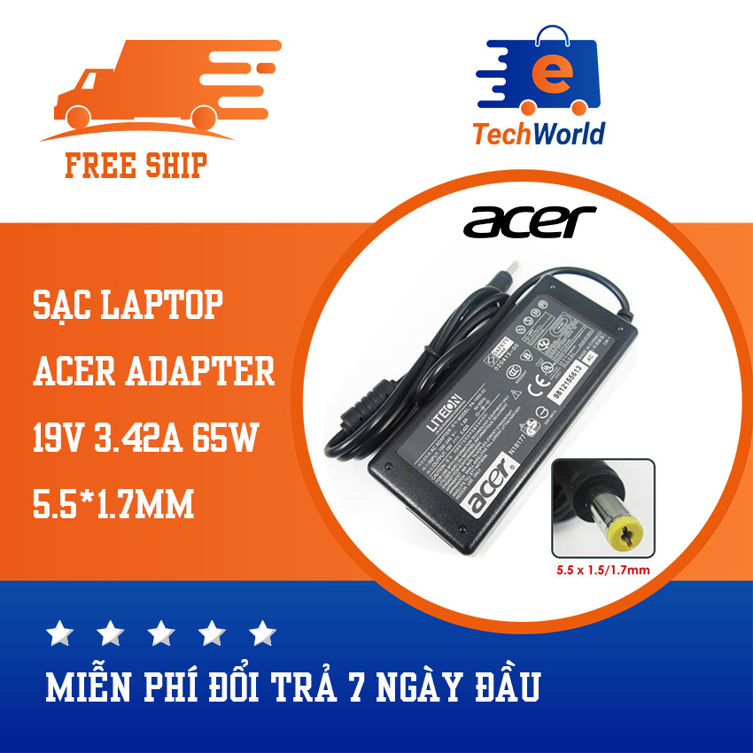 [FreeShip]Sạc laptop Acer công suất 19V 3.42A 65W 5.5*1.7mm dùng cho TravelMate 2460, Acer TravelMate 2470, Acer TravelMate 3020, Acer...