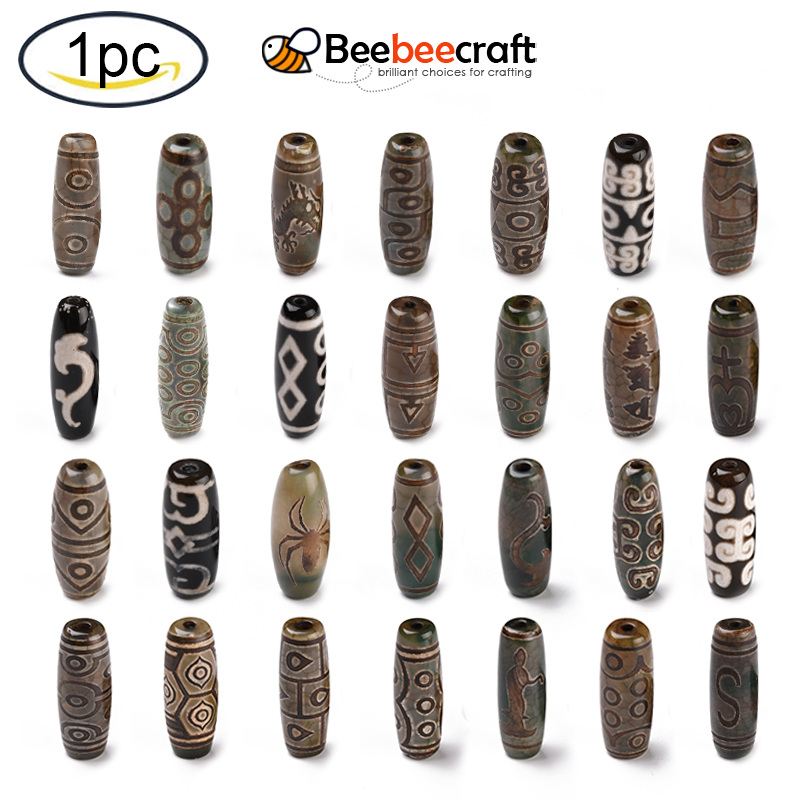 Beebeecraft 1 cái Hạt dZi Phong cách Tây Tạng Hạt mã não tự nhiên Hạt gạo nhuộm và đun nóng Phật giáo Phong cách Tây Tạng Hạt dZi để làm đồ trang sức