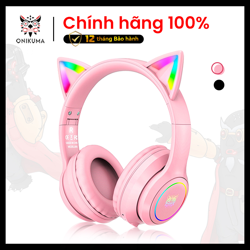 Tai nghe Bluetooth Chụp tai Chơi game Tay Mèo Headphones Gaming Không dây ONIKUMA B90 Hồng Có mic, RGB, Cho...