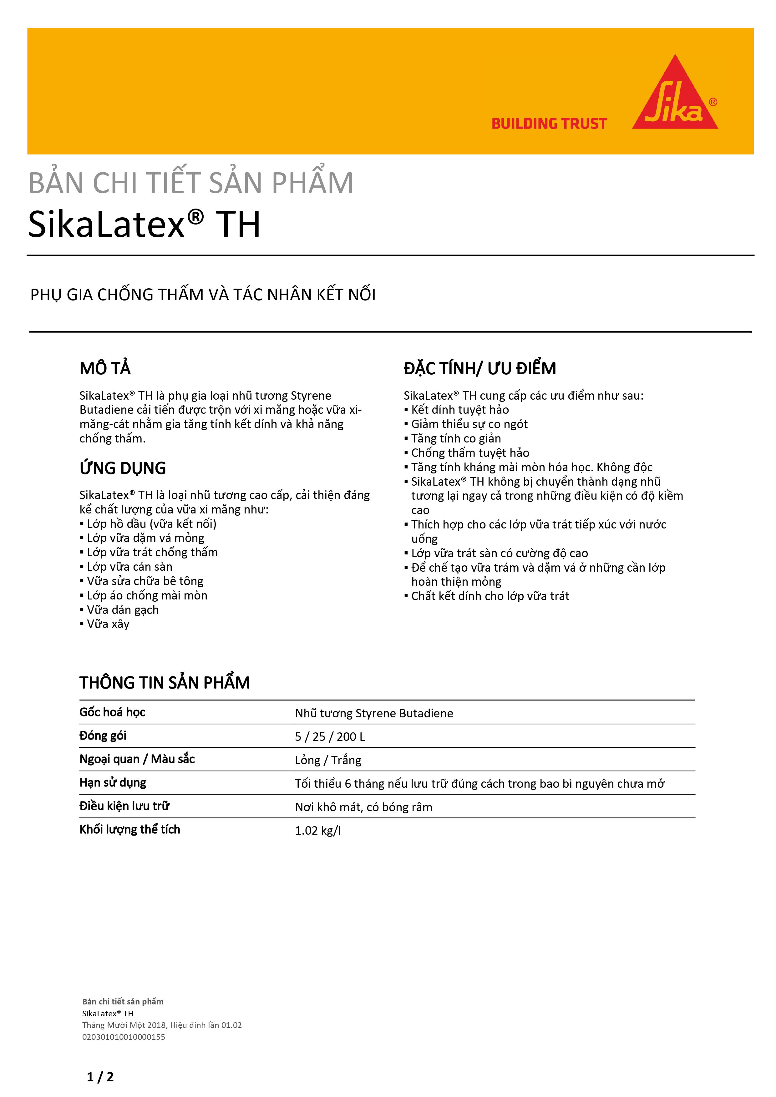 Sika - Phụ gia chống thấm và tác nhân kết nối Sika Latex TH (Can 2 lít)