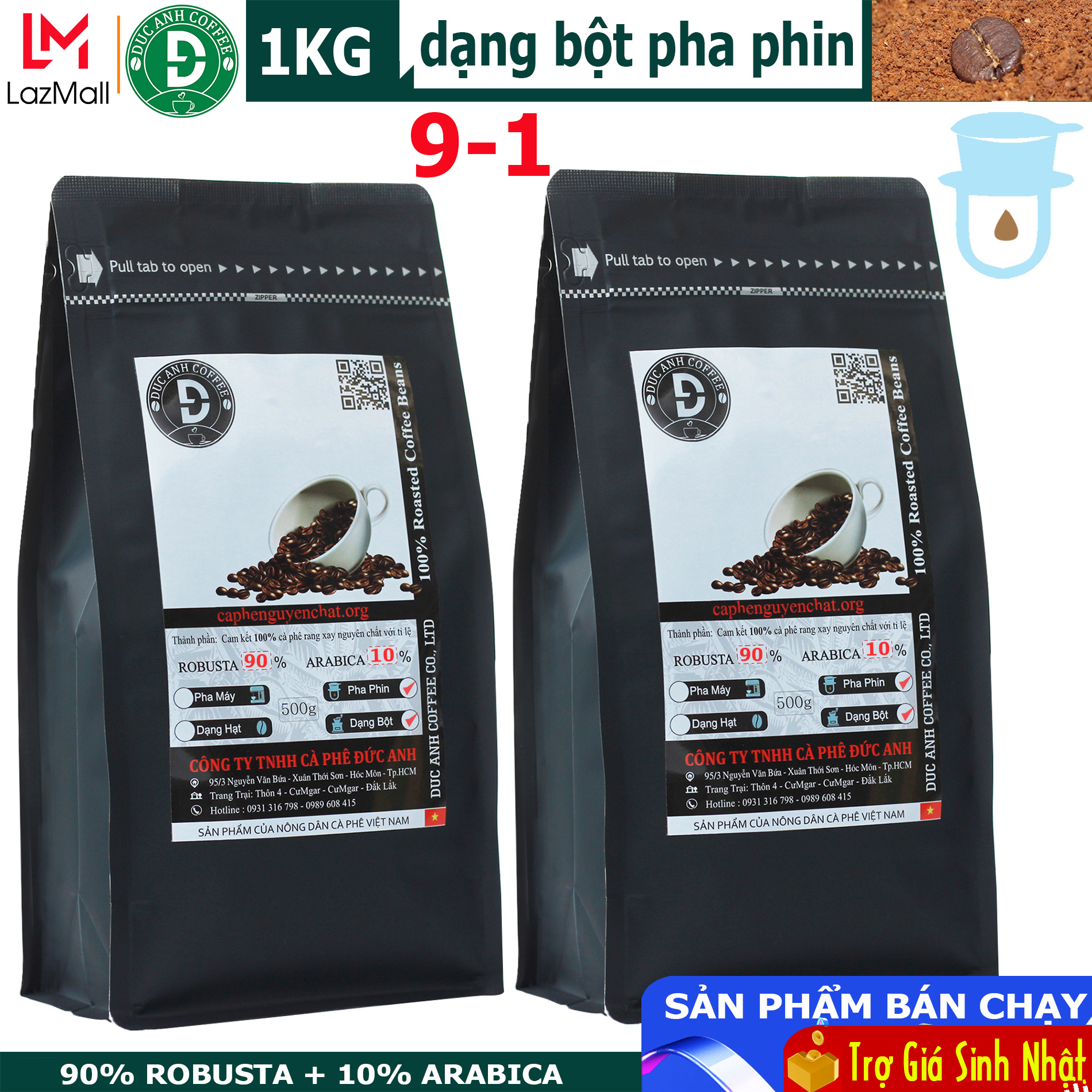 1kg cà phê nguyên chất pha phin DUC ANH COFFEE tỷ lệ 9-1( 90% Robusta + 10% Arabica) - Cà...