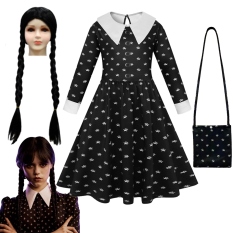 Thứ Tư Mới Addams Trẻ Em Họ Trang Phục Hóa Trang Bé Gái Phối Ren Quần Áo Đen Halloween Đầm Trẻ Em Addams In Trang Phục