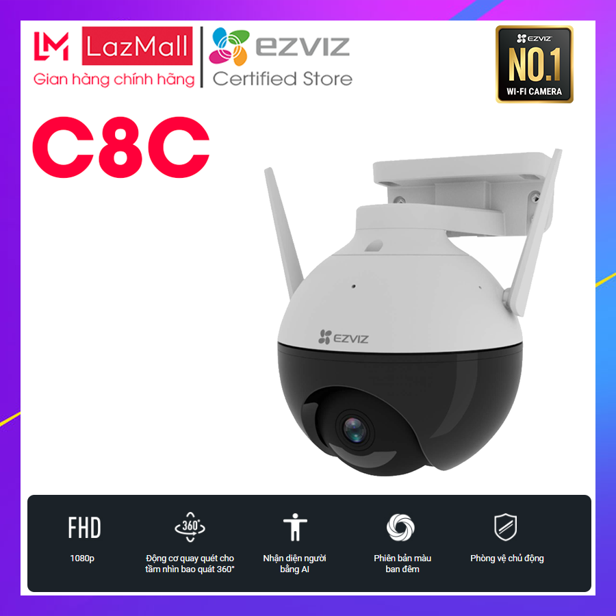 [Làm việc & tư vấn 24/7] Camera Wifi EZVIZ C8C trong nhà & ngoài trời 1080P, nhận diện người xe cộ, PTZ ban đêm có màu
