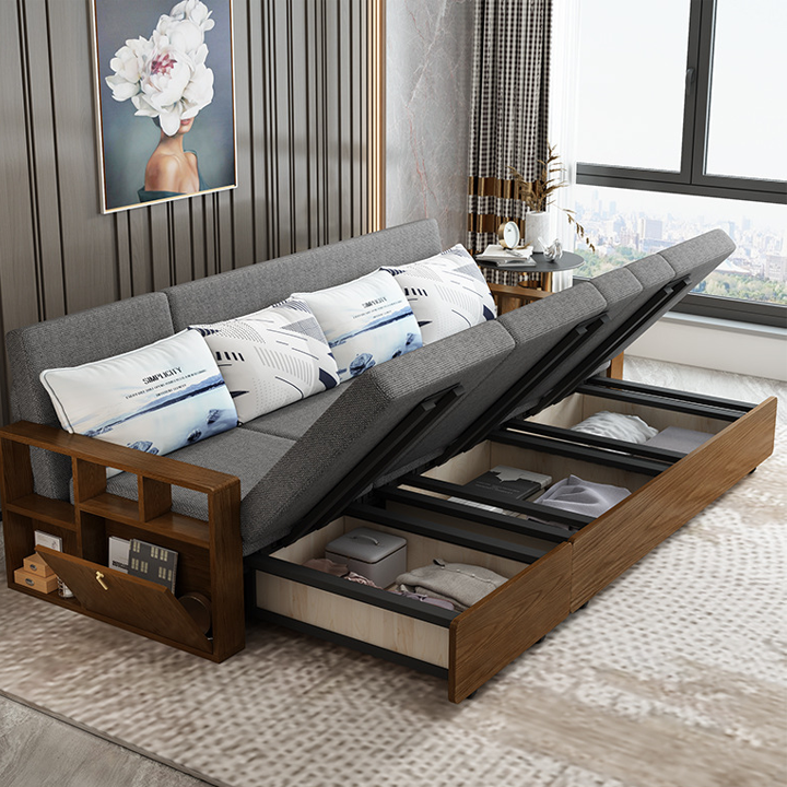 Giường sofa gấp gon tay gỗ khung kim loại sơn tĩnh điện kết hợp tủ đồ rộng rãi kích thước 1m76 x 1m95
