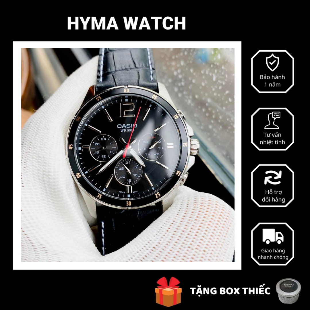 Đồng hồ nam Casio MTP 1374L – 1A Dây da, mặt đen 6 kim, kính cường lực, chống nước 5ATM Bảo hành 1 năm – Hyma watch
