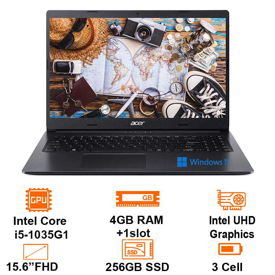 Laptop Acer A315-56-58EG – Intel core i5-1035G1/4GB+1Slot/256GB SSD/15.6″ FHD/BT4/Win11SL/Black Màn hình lớn sắc nét, Bảo hành 12 tháng – Hàng Chính Hãng Safety Mart Official