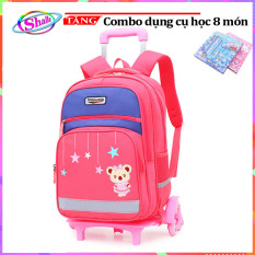 Balo cần kéo cho trẻ đi học mẫu giáo đến lớp 1 cao cấp in hình gấu sao băng dễ thương có chức năng chống gù loại 6 bánh xe đa năng Tặng combo 8 món