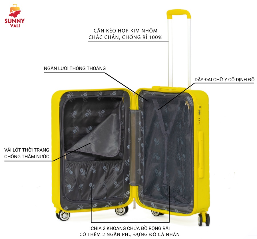 [Miễn phí vận chuyển] Vali kéo du lịch SUNNY SV02 - Nhựa dẻo PC vân xước, khóa TSA tiêu chuẩn...