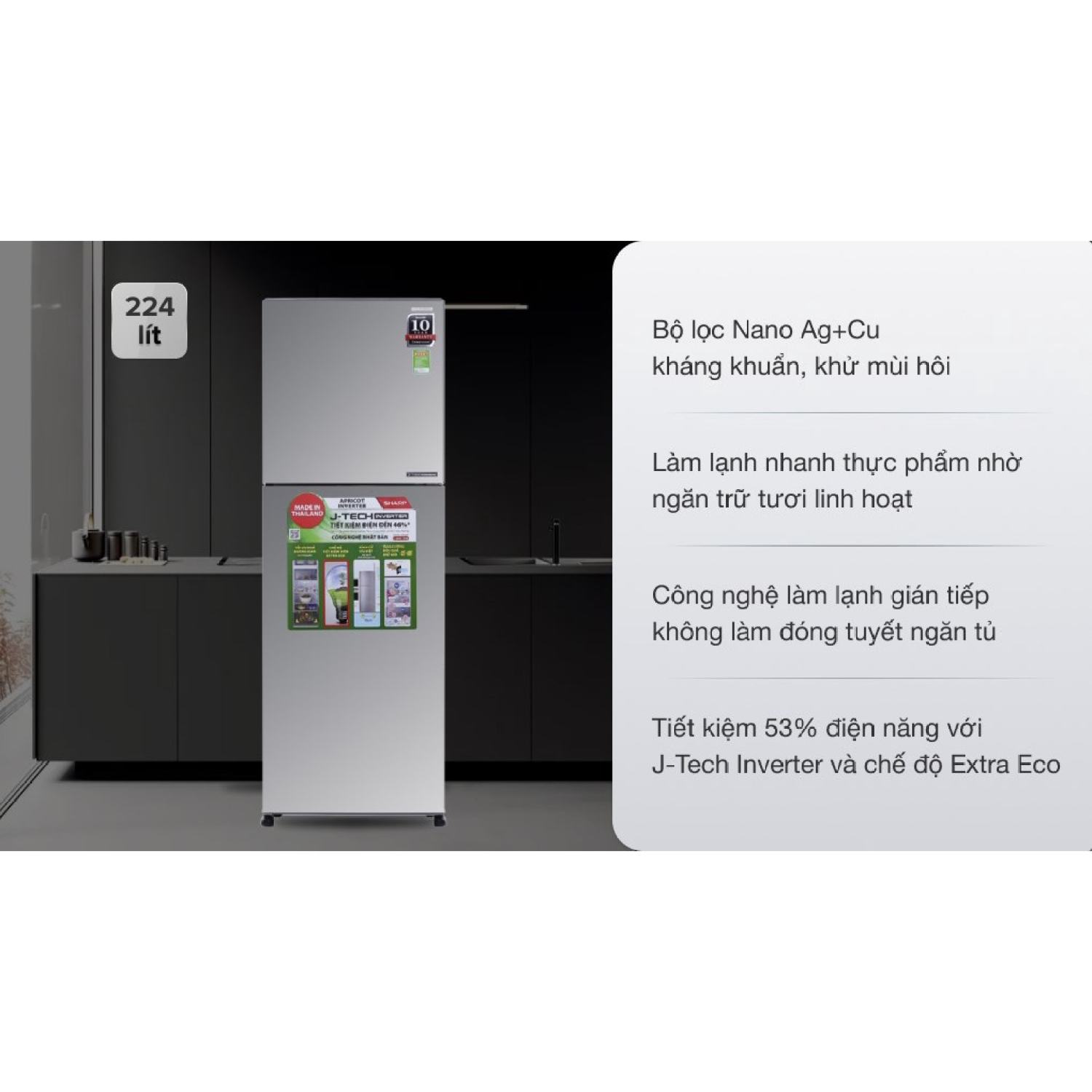 Tủ Lạnh Sharp Inverter SJ-X251E-DS 2 Cánh 241 Lít  Chính hãng