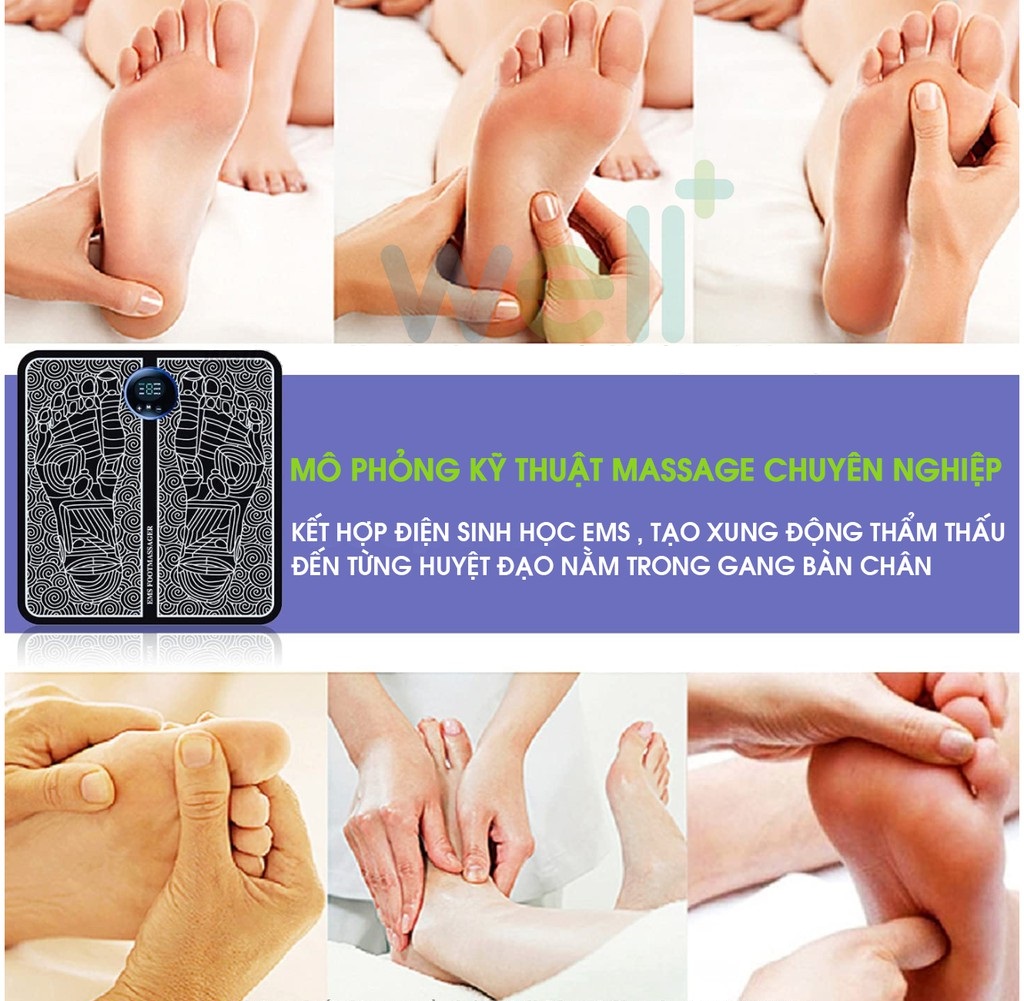 Thảm massage chân EMS giúp lưu thông khí huyết, giảm đau mỏi chân, pin sạc, màn hình kỹ thuật số...