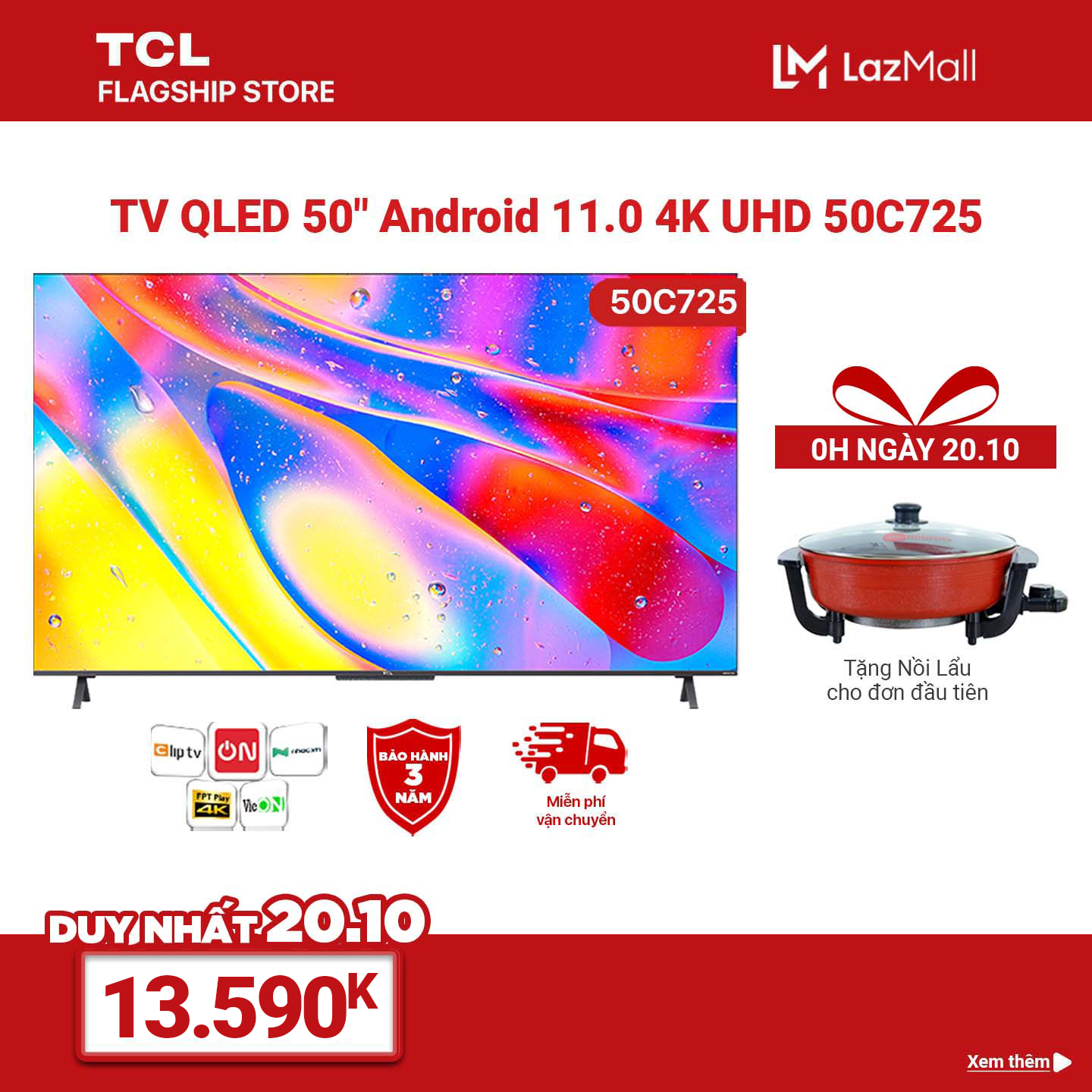 TV QLED 50” 4K Android 11 Tivi TCL 50C725 – Gam Màu Rộng , HDR 10+, MEMC , Dolby Audio – Bảo Hành 3 Năm , trả góp 0%