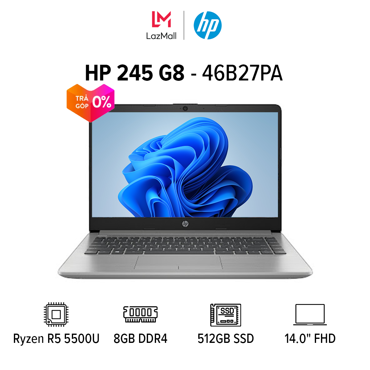 [VOUCHER 1 TRIỆU] Laptop HP 245 G8 14 inches IPS FHD (AMD Ryzen R5-5500U / 8GB / 512GB SSD / AMD Radeon Graphics / Windows 10) l Silver l 46B27PA