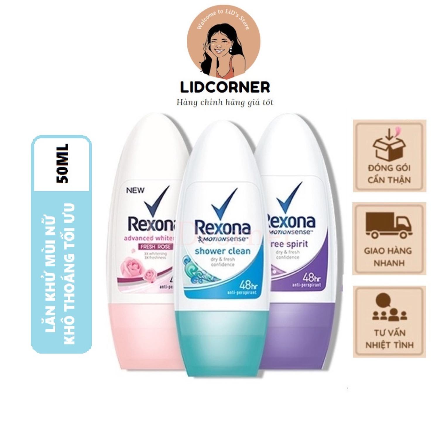 Lăn Khử Mùi Rexona Khô Thoáng Tối Ưu Dưỡng Sáng Tự Nhiên Mát Lạnh Sảng Khoái Dành Cho Nữ 50ml