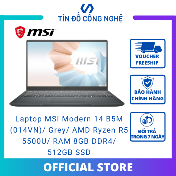 Laptop MSI Modern 14 B5M (014VN)/ Grey/ AMD Ryzen R5 5500U (2.10 Ghz, 8 MB)/ RAM 8GB DDR4/ 512GB SSD/ 14 inch FHD/ AMD Radeon Graphics/ 3 Cell 39 Whr/ Win 10/ 1 Yr