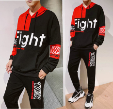 Bộ Quần Áo Thun Nỉ Nam Thu Đông Dài Tay Có Mũ In Chữ FIGHT Phối Màu Sành Điệu SHINY SUNDAY MEN QA 055