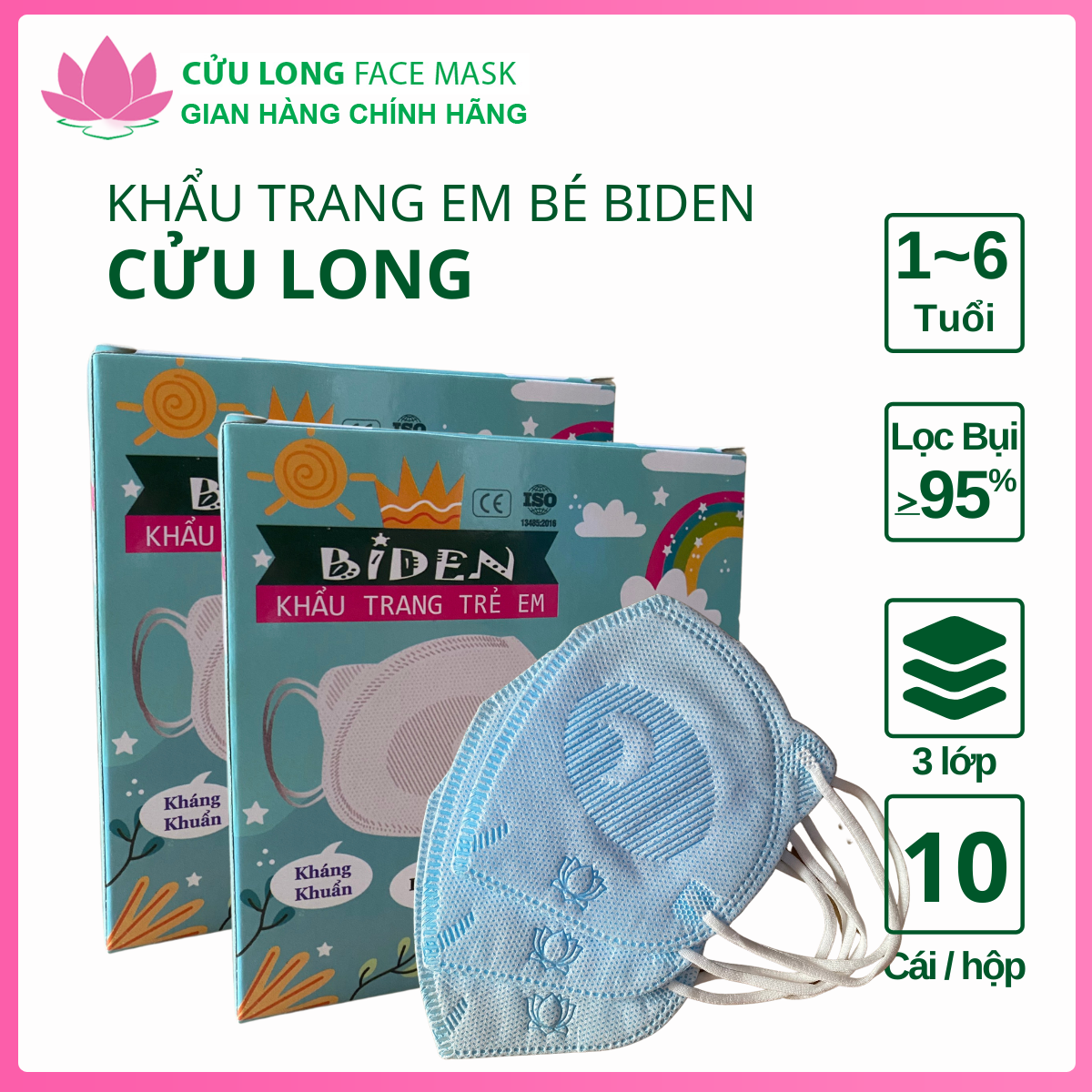 Combo 2 khẩu trang y tế em bé hình gấu Biden chính hãng Cửu Long Face Mask ( Hộp 10 cái )
