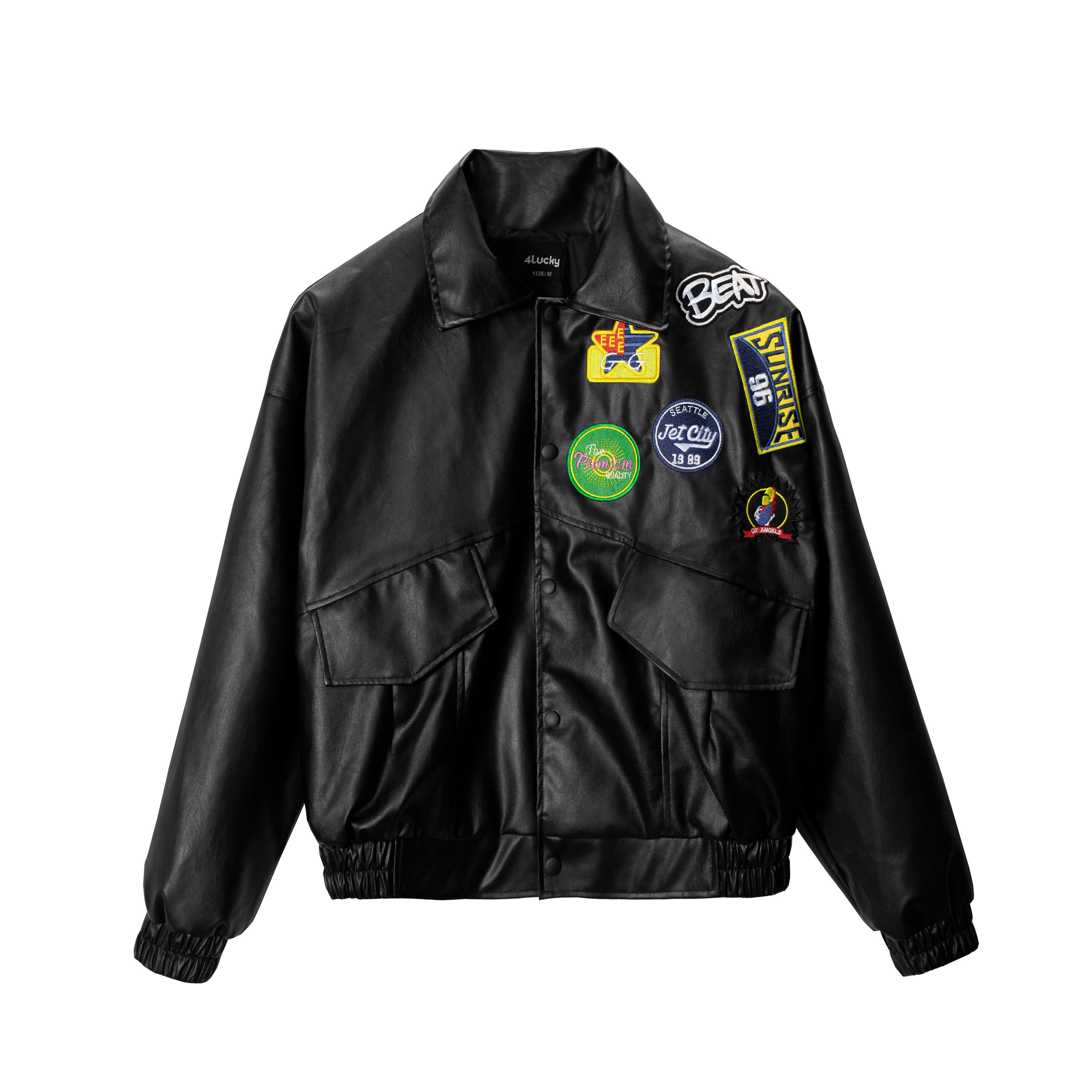 Áo khoác bomber da thêu logo unisex 6104 4lucky, form rộng chất da mịn
