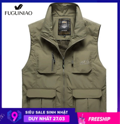 Fuguiniao Áo gile nhiều túi fuguiniao cho nam, áo ghi lê cỡ lớn, mặc hàng ngày kiểu quân đội, không tay, M-5XL