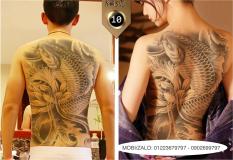 Hình xăm dán tattoo cao cấp kín lưng 34x48cm CÁ CHÉP BÊN HOA SEN (Quà tặng kèm: 1 hình xăm dán đẹp mê ly!)