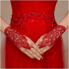 Găng Tay Cô Dâu Ngắn Ren Đính Đá, Voan Lưới, Tùy Chọn Màu Trắng Và Đỏ, Phù Hợp Trong Đám Cưới, Sự Kiện, Chụp Ảnh
