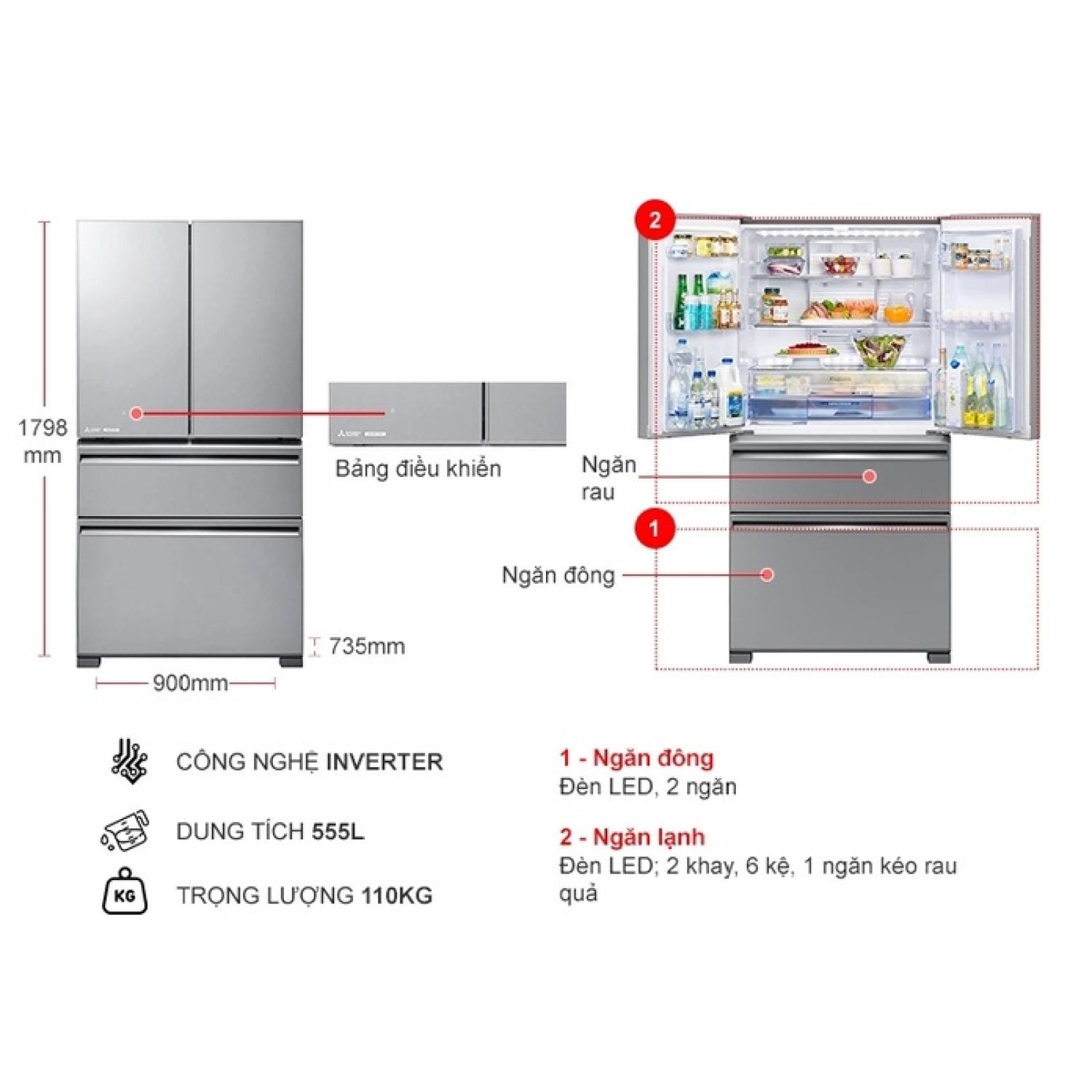 Tủ lạnh Mitsubishi Electric Inverter 555 lít MR-LX68EM-GSL-V < Chính hãng BH:24 tháng tại nhà toàn quốc >