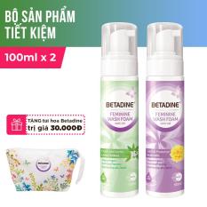 Bộ 2 bọt vệ sinh phụ nữ Betadine 100ml (Tím và Xanh) + Tặng túi hoa Betadine