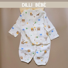 Đồ bộ ngủ áo quần Pijama tay dài quần dài bo chun cho bé trai bé gái trẻ em sơ sinh vải Xô Muslin Gấu – Dilli Bebe
