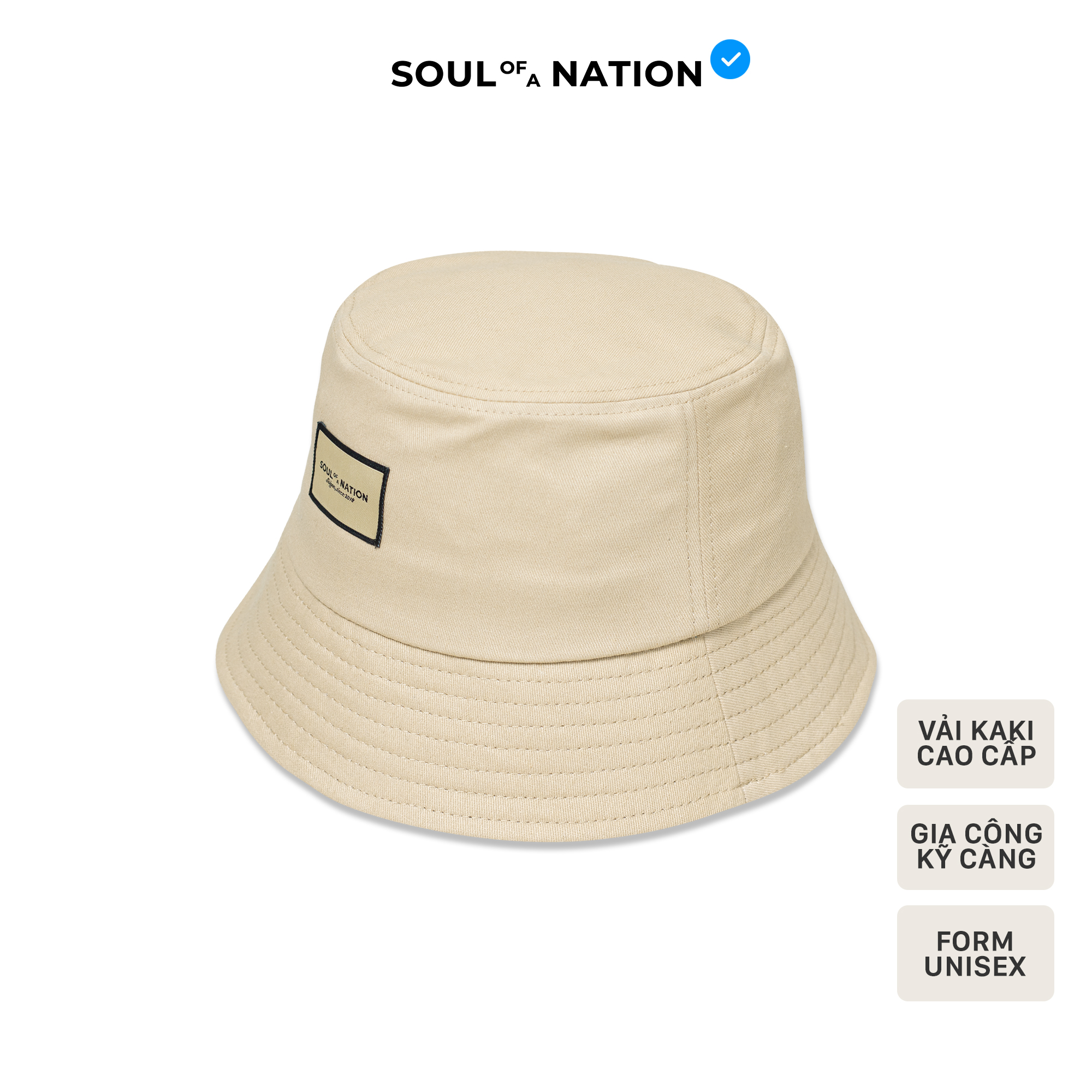 Nón Bucket Trơn - Vành cụp vải Kaki Cotton 100% cao cấp màu Đen/Be - SOUL OF A NATION