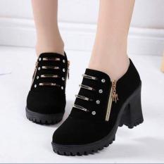Bốt ngọc nữ cổ thấp đế vuông phối khóa Bi Shop (Đen & Nâu)