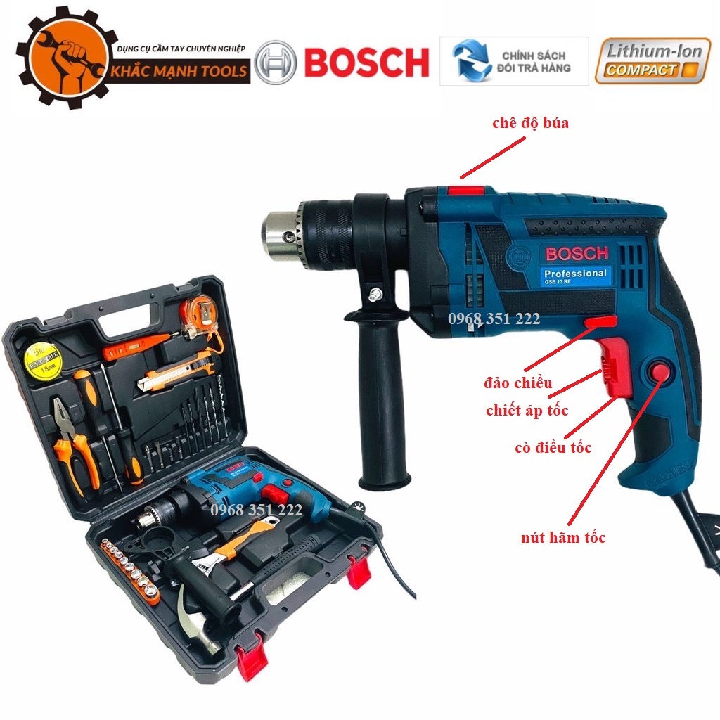 Bộ máy khoan Bosch 13mm có búa, đầy đủ đồ nghề sửa chữa