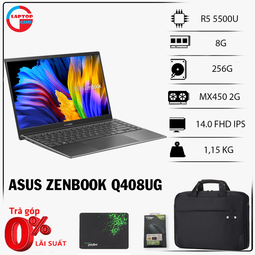 [Mới 100%] Asus Zenbook 14 Q408UG Ryzen 5-5500U, 8GB, 256GB, MX450, 14.0'' FHD IPS
