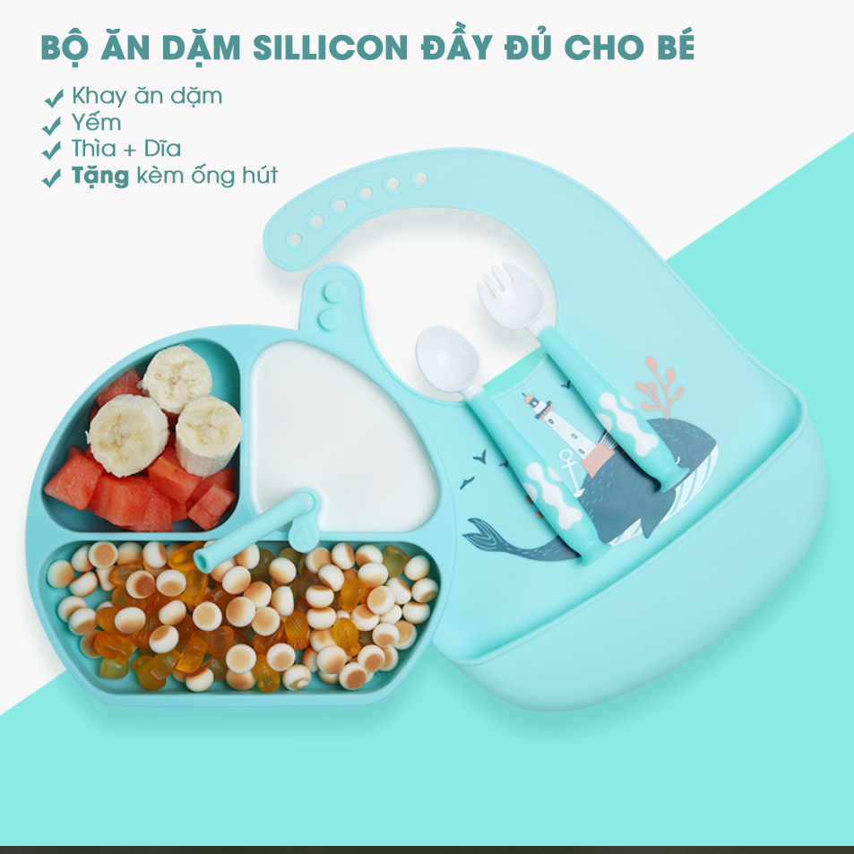 Khay ăn dặm Silicon Cao Cấp cho bé có đế hút chân không, chống đổ, chịu nhiệt. Bộ sản phẩm ăn dặm đầy đủ cho bé Khay Silicone, Yếm Silicon, Ống Hút Silicon, Thìa Nĩa. Dụng cụ ăn dặm cao cấp cho bé.