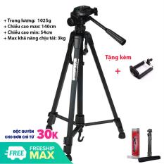 Chân máy ảnh Tripod chụp hình 3 chân Weifeng WT-3520 khung nhôm, cao 140cm, chịu tải 3kg. Hỗ trợ chụp hình, quay phim, livestream chuyên nghiệp. Tặng kèm kẹp điện thoại