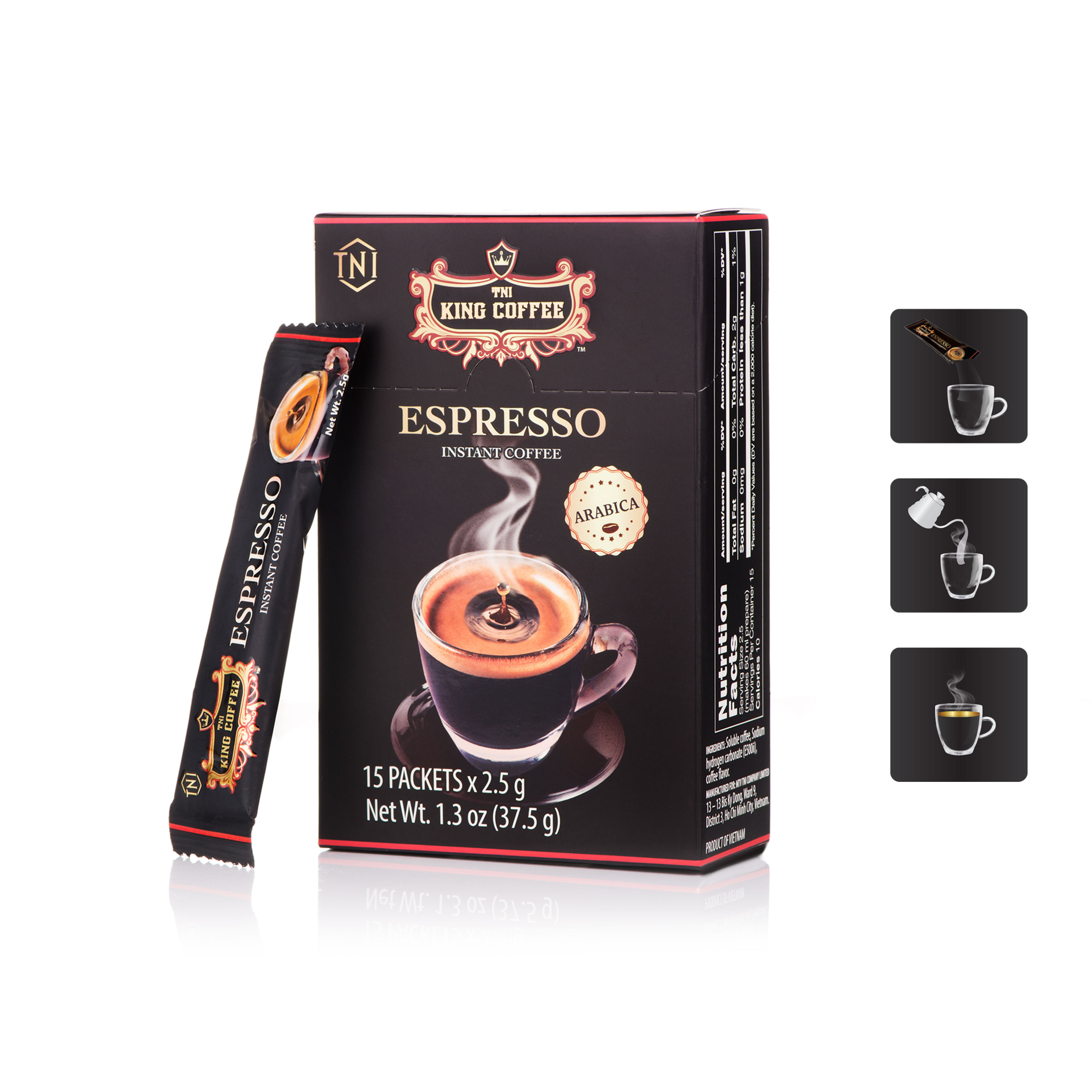 Cà Phê Đen Hòa Tan Espresso KING COFFEE - Hộp 15 gói x 2.5g - Arabica café hòa tan đậm...