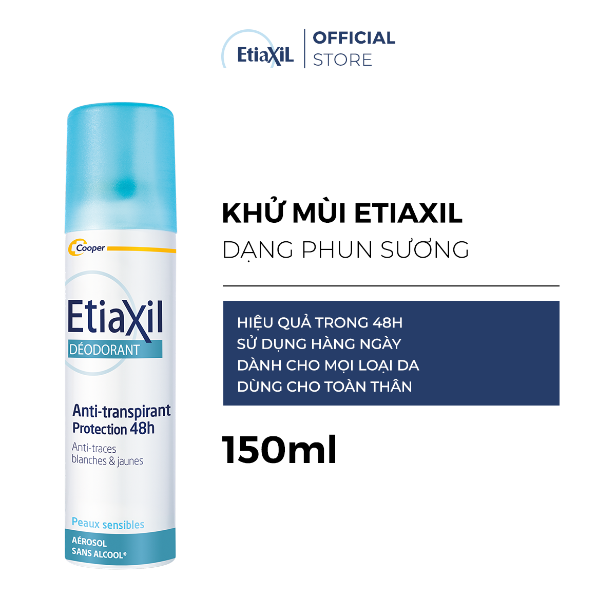 Xịt Phun Sương Khử Mùi EtiaXil 150ml – Deodorant Anti-Transpirant 48h Aerosol Armpit