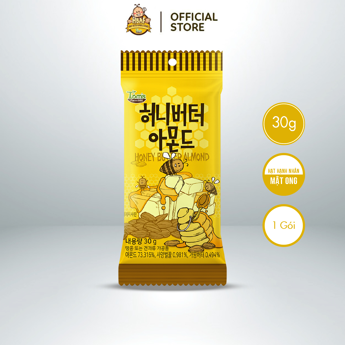 Hạt Hạnh Nhân Tẩm Vị Bơ Mật ong Tom's Farm - Gói 30g